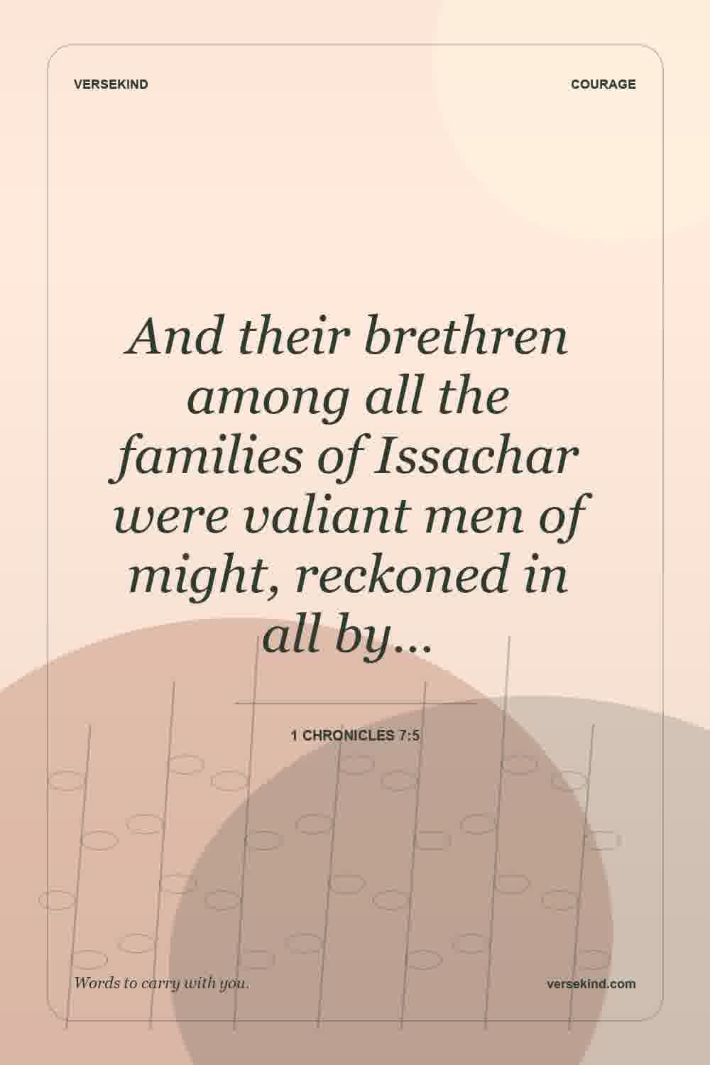 And their brethren among all the families of Issachar were valiant men of might, reckoned in all by… — 1 Chronicles 7:5
