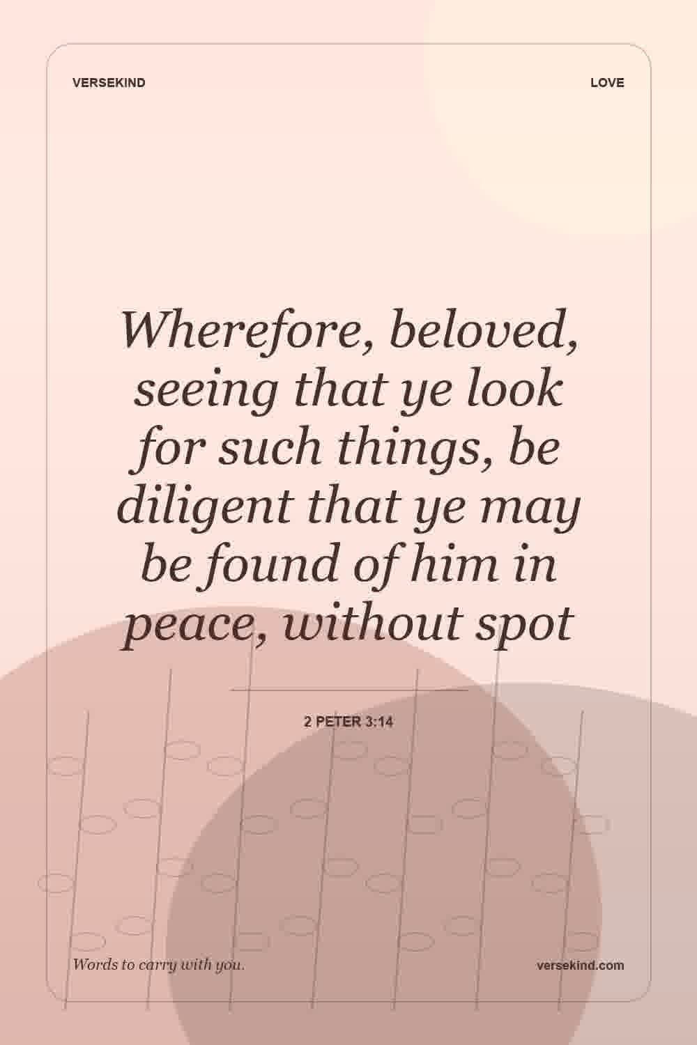 Wherefore, beloved, seeing that ye look for such things, be diligent that ye may be found of him in peace, without spot — 2 Peter 3:14