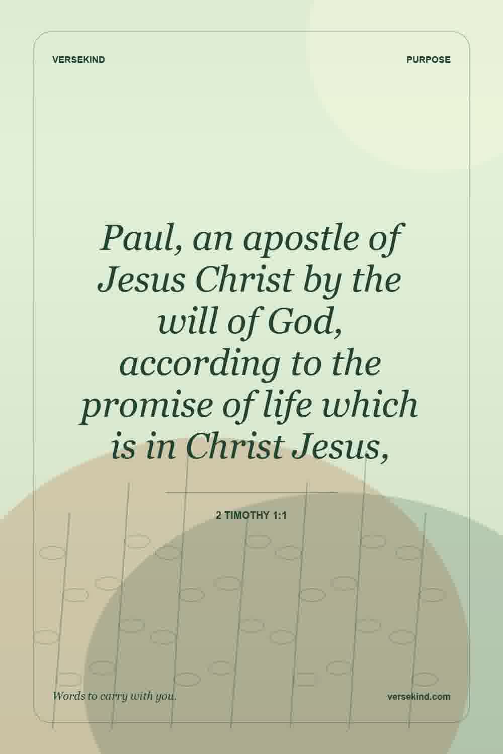 Paul, an apostle of Jesus Christ by the will of God, according to the promise of life which is in Christ Jesus, — 2 Timothy 1:1
