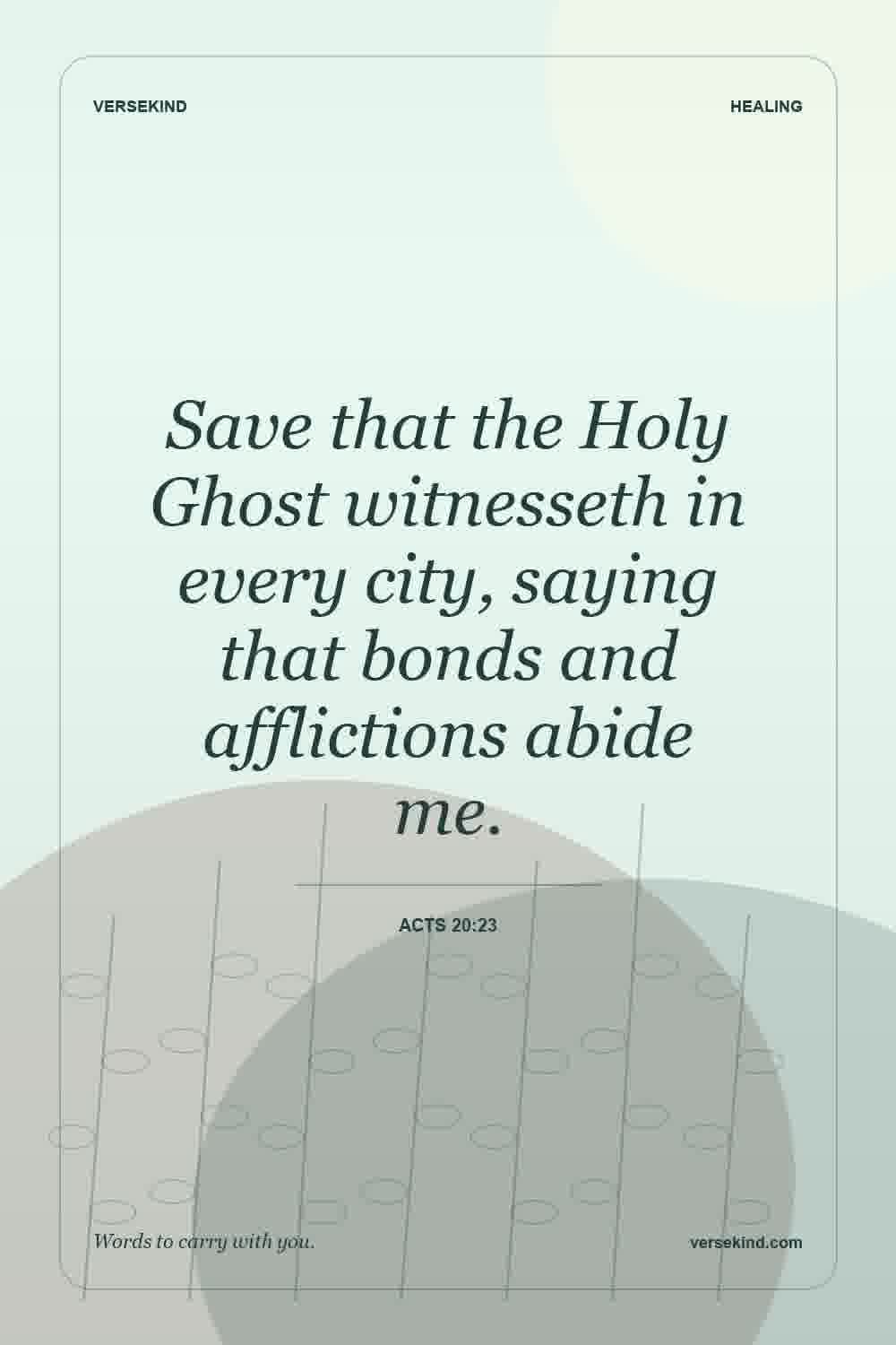 Save that the Holy Ghost witnesseth in every city, saying that bonds and afflictions abide me. — Acts 20:23