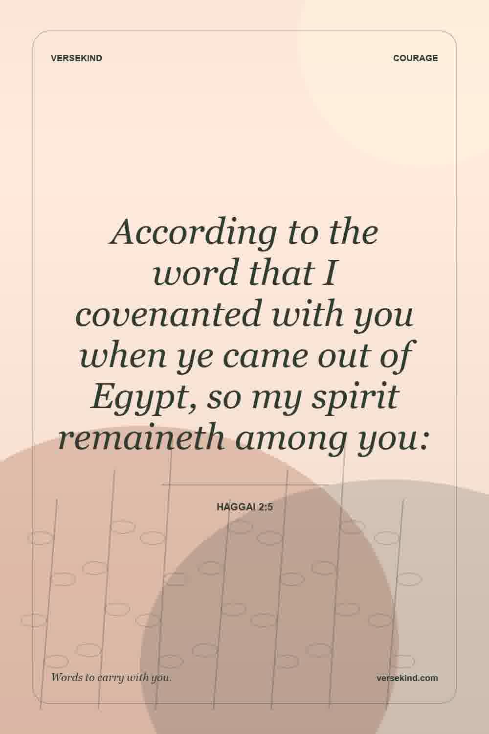 According to the word that I covenanted with you when ye came out of Egypt, so my spirit remaineth among you: — Haggai 2:5