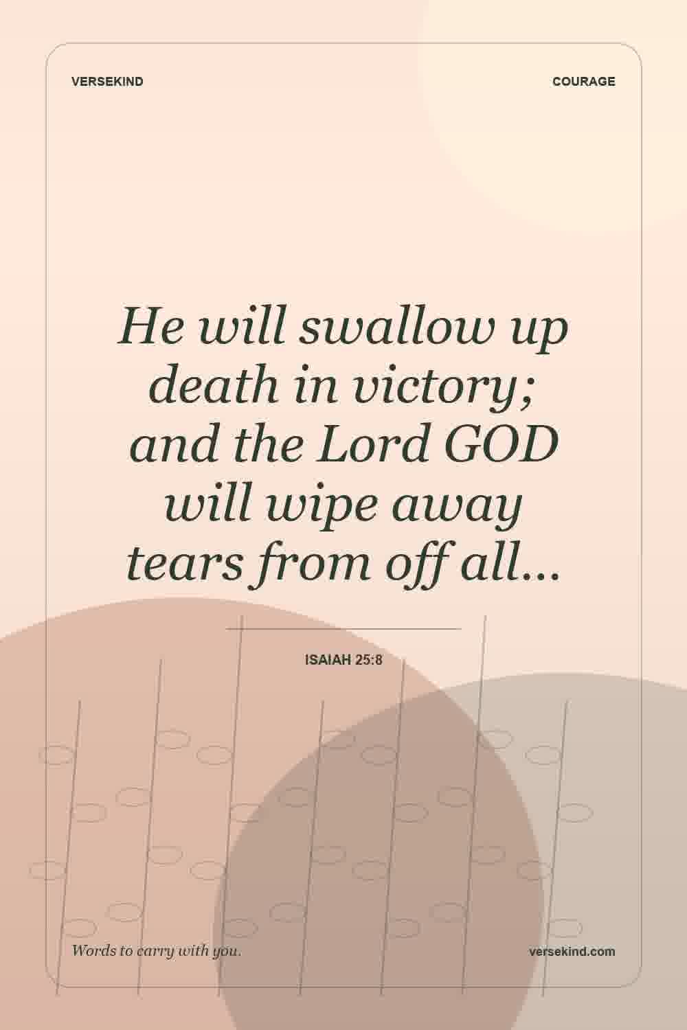 He will swallow up death in victory; and the Lord GOD will wipe away tears from off all… — Isaiah 25:8