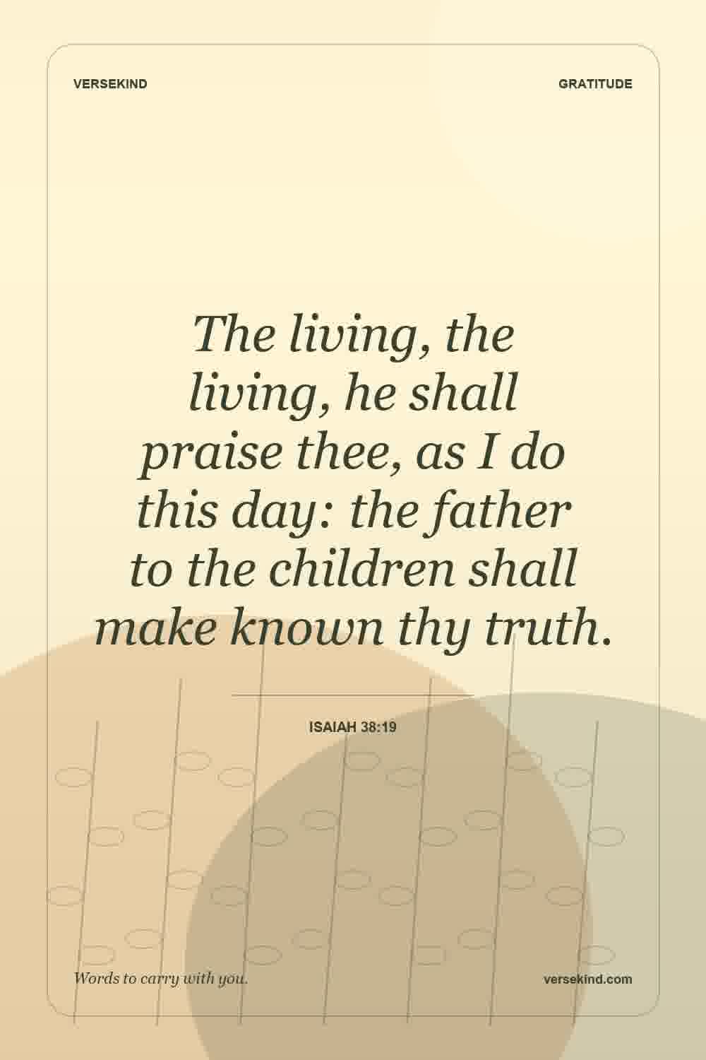 The living, the living, he shall praise thee, as I do this day: the father to the children shall make known thy truth. — Isaiah 38:19