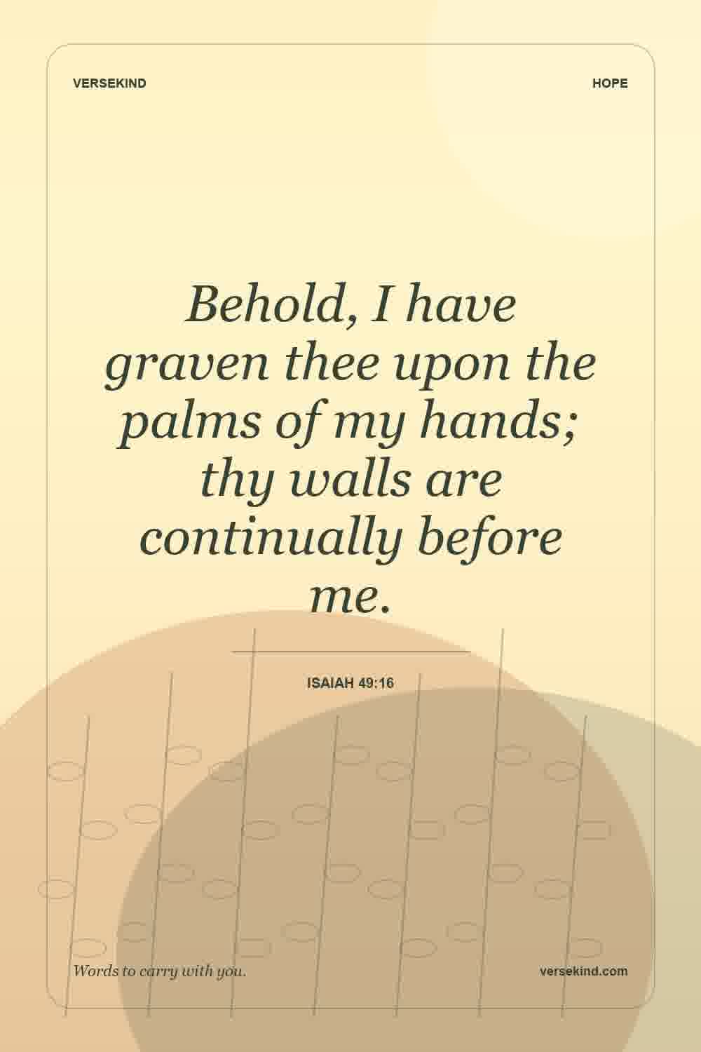 Behold, I have graven thee upon the palms of my hands; thy walls are continually before me. — Isaiah 49:16
