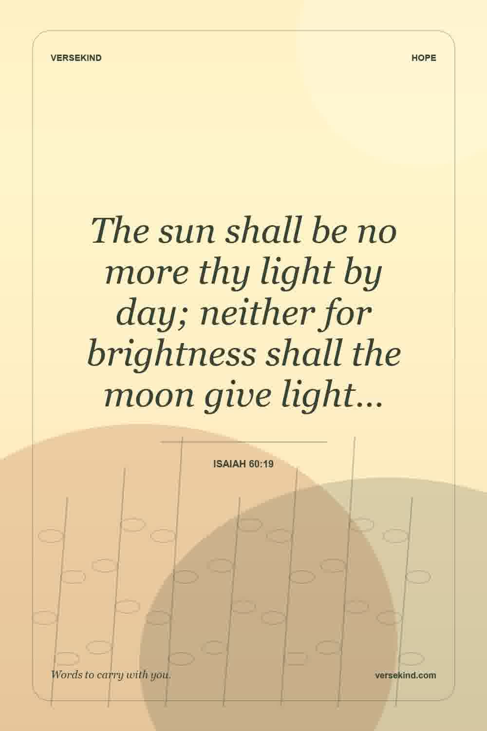 The sun shall be no more thy light by day; neither for brightness shall the moon give light… — Isaiah 60:19