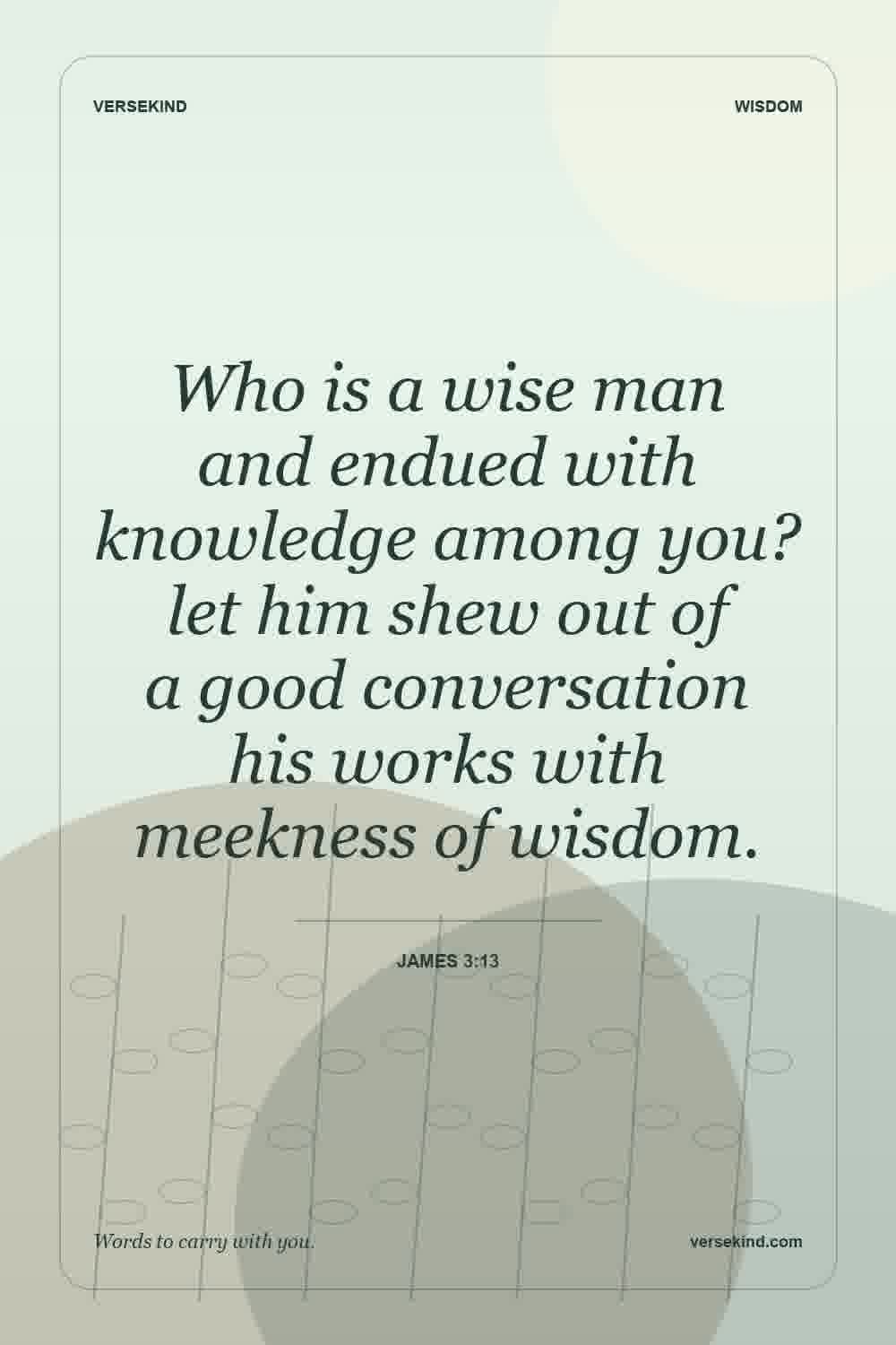 Who is a wise man and endued with knowledge among you? let him shew out of a good conversation his works with meekness of wisdom. — James 3:13