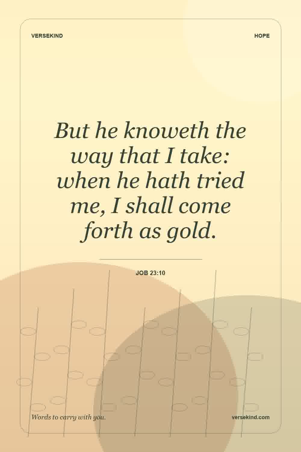 But he knoweth the way that I take: when he hath tried me, I shall come forth as gold. — Job 23:10
