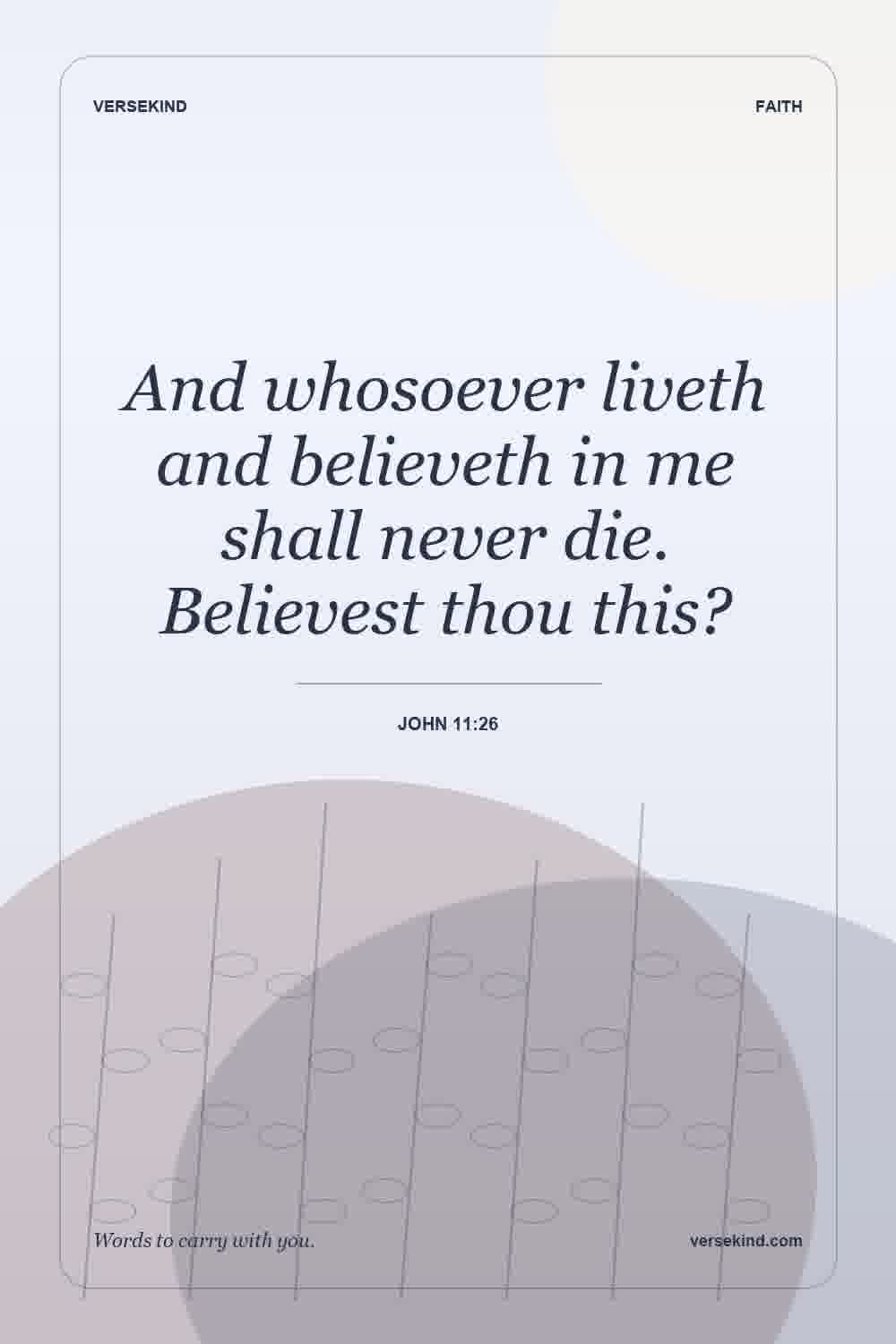 And whosoever liveth and believeth in me shall never die. Believest thou this? — John 11:26