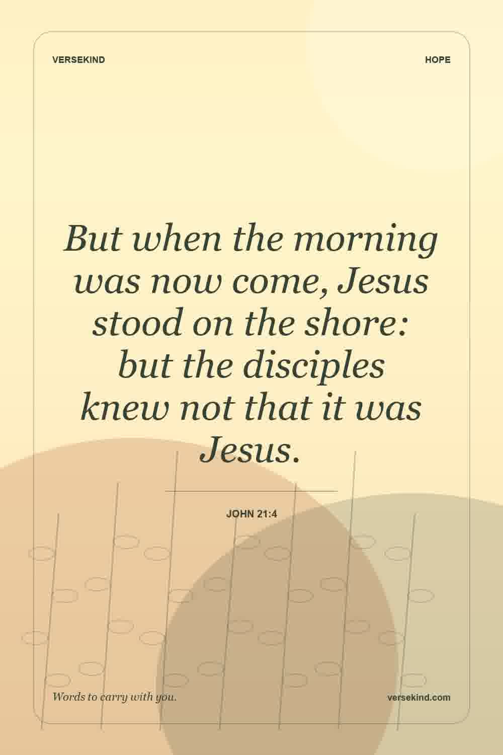 But when the morning was now come, Jesus stood on the shore: but the disciples knew not that it was Jesus. — John 21:4
