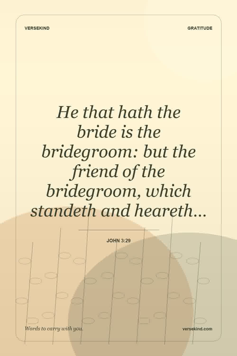 He that hath the bride is the bridegroom: but the friend of the bridegroom, which standeth and heareth… — John 3:29