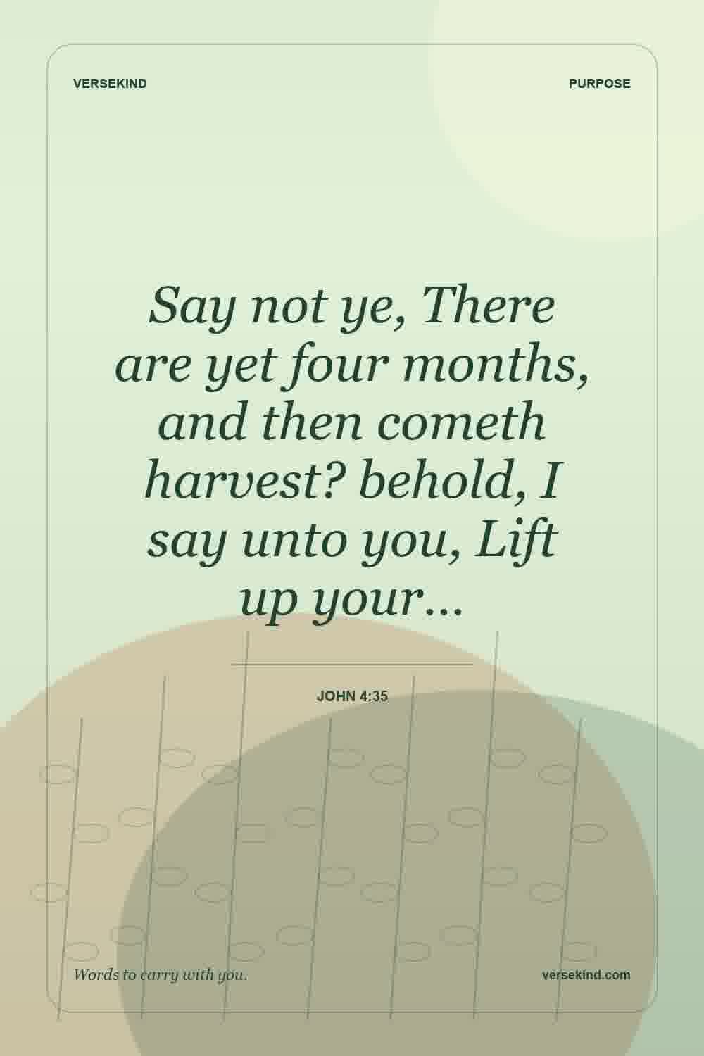 Say not ye, There are yet four months, and then cometh harvest? behold, I say unto you, Lift up your… — John 4:35