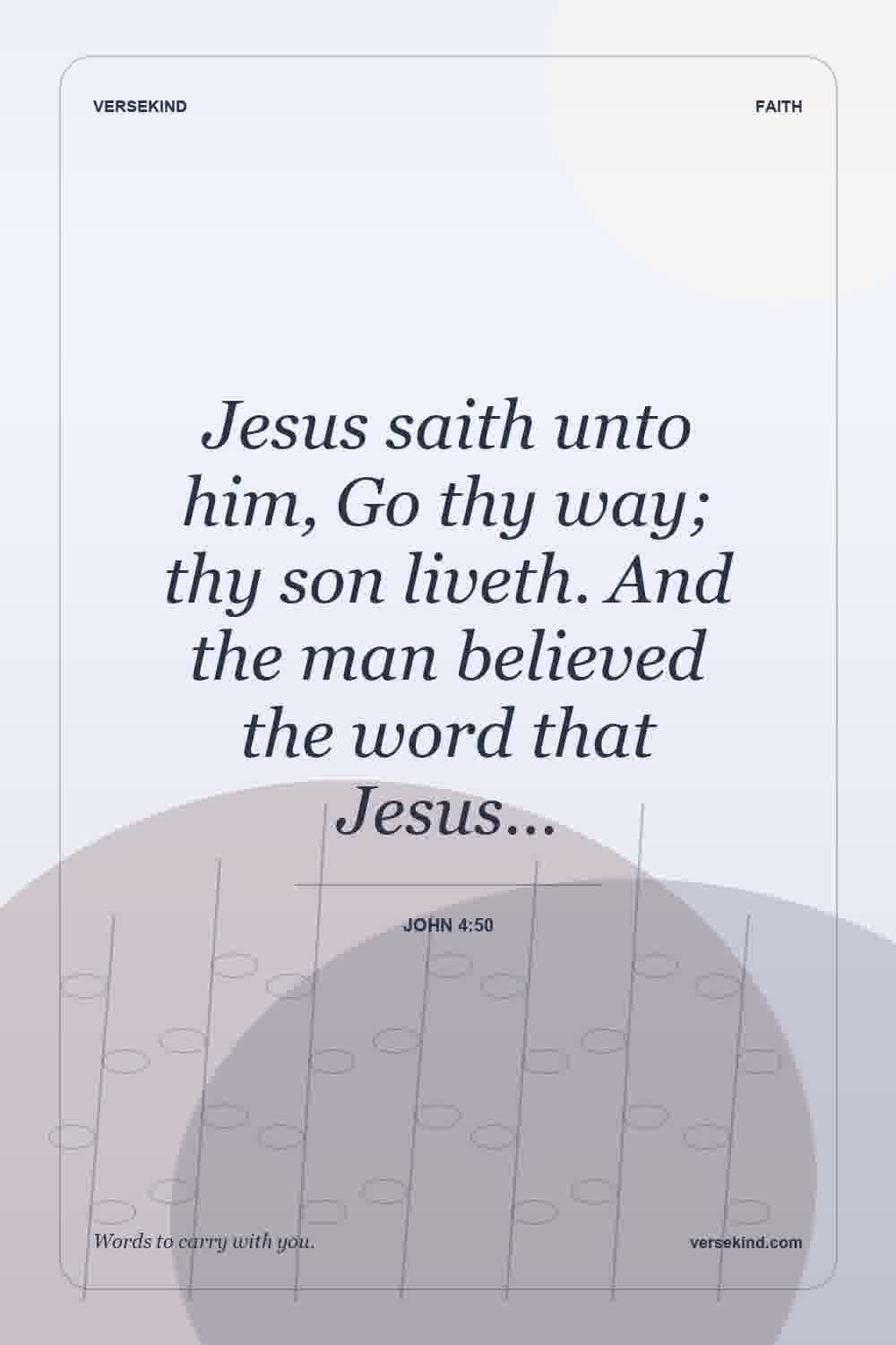 Jesus saith unto him, Go thy way; thy son liveth. And the man believed the word that Jesus… — John 4:50