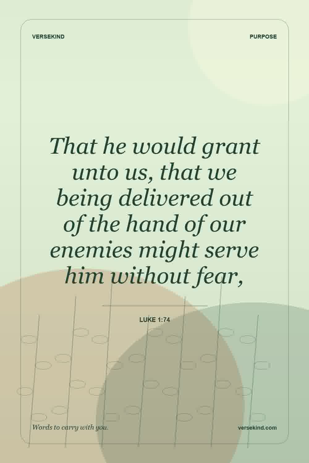 That he would grant unto us, that we being delivered out of the hand of our enemies might serve him without fear, — Luke 1:74