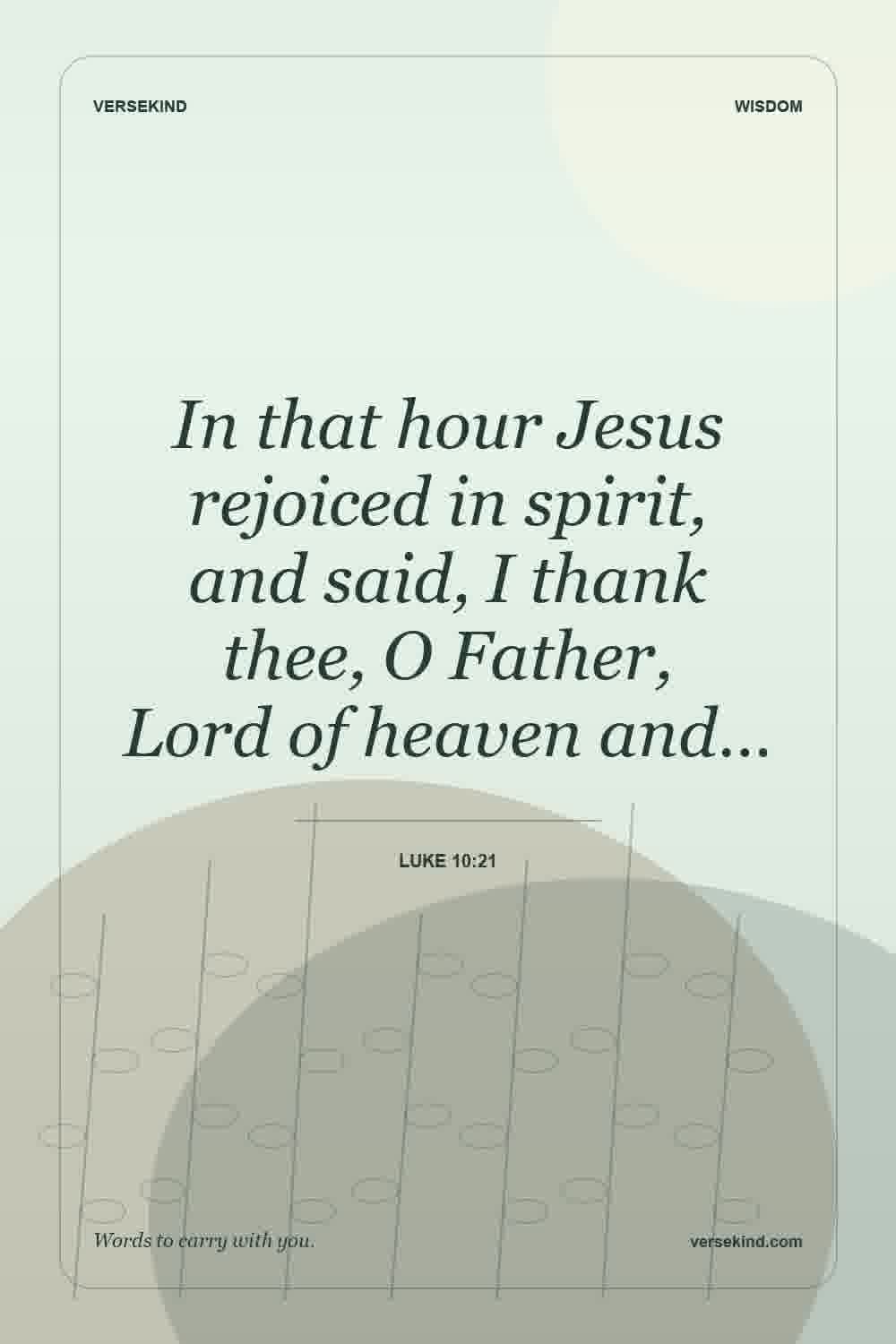 In that hour Jesus rejoiced in spirit, and said, I thank thee, O Father, Lord of heaven and… — Luke 10:21