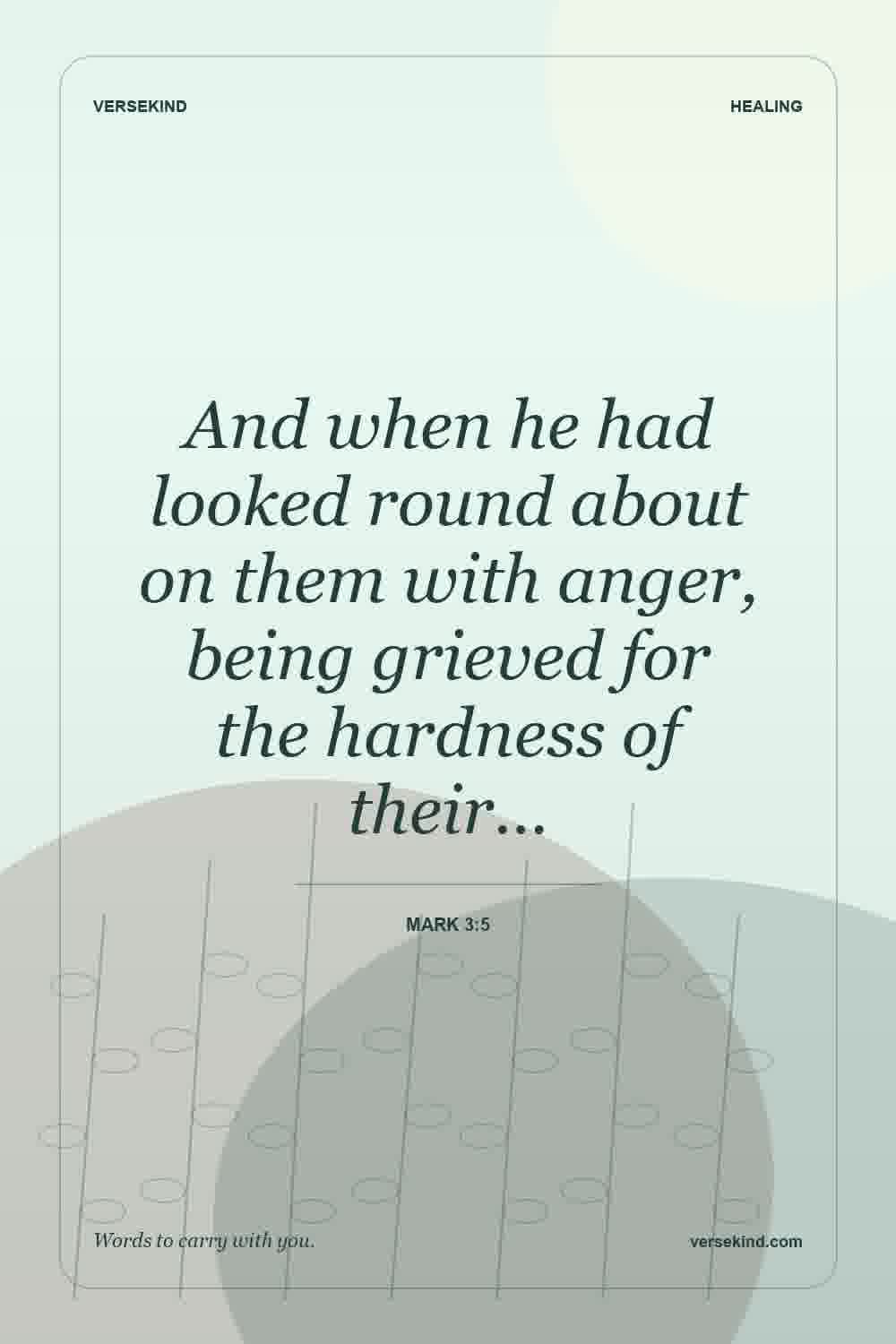And when he had looked round about on them with anger, being grieved for the hardness of their… — Mark 3:5