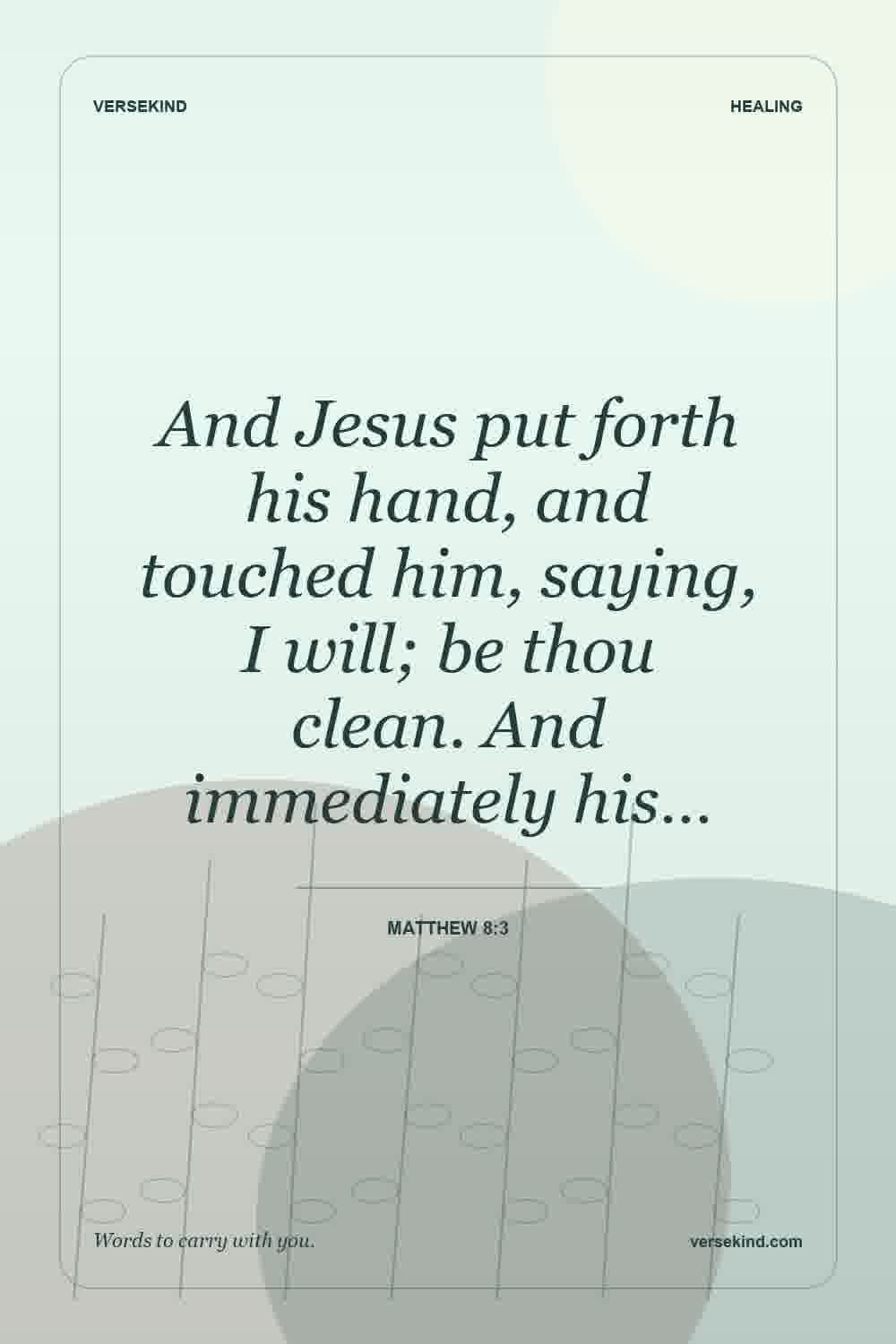 And Jesus put forth his hand, and touched him, saying, I will; be thou clean. And immediately his… — Matthew 8:3