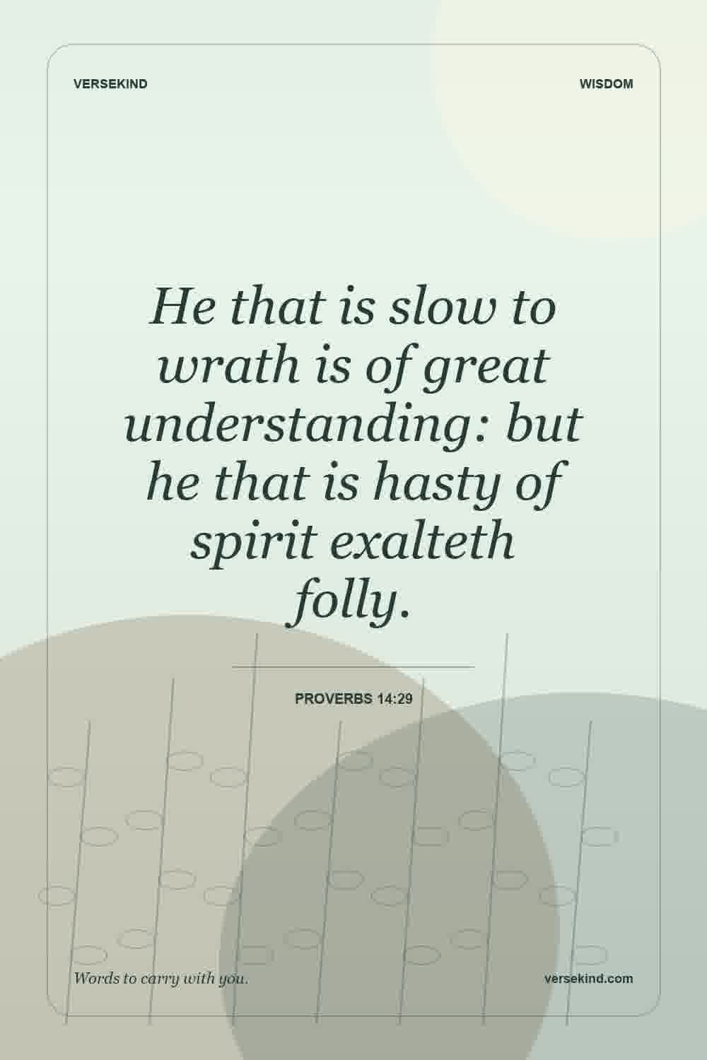 He that is slow to wrath is of great understanding: but he that is hasty of spirit exalteth folly. — Proverbs 14:29
