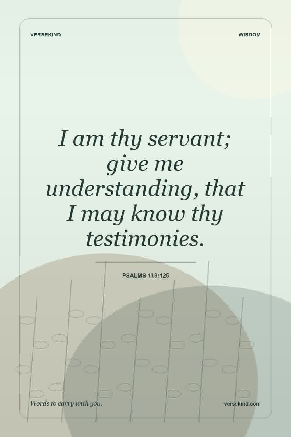 I am thy servant; give me understanding, that I may know thy testimonies. — Psalms 119:125
