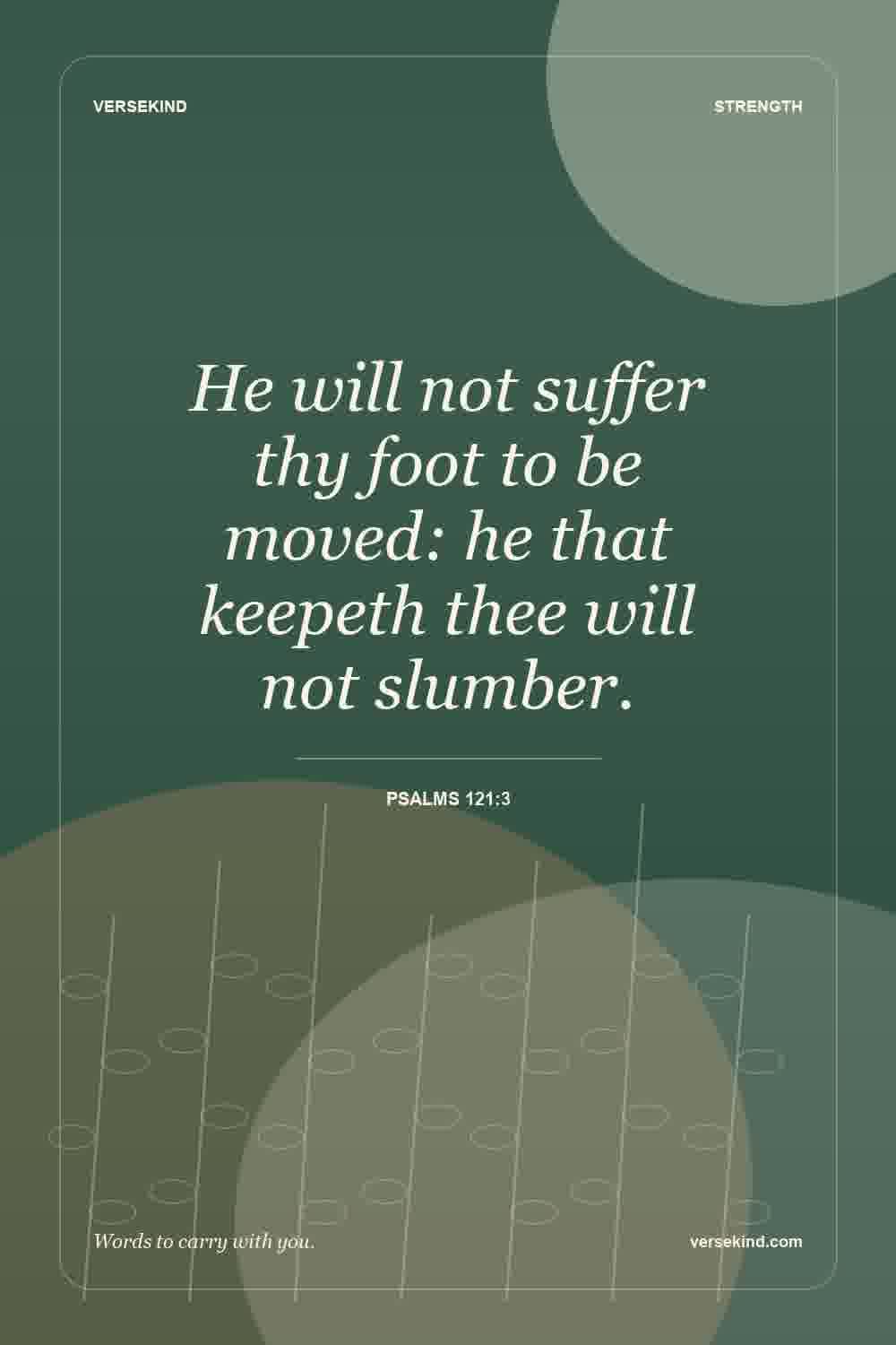 He will not suffer thy foot to be moved: he that keepeth thee will not slumber. — Psalms 121:3