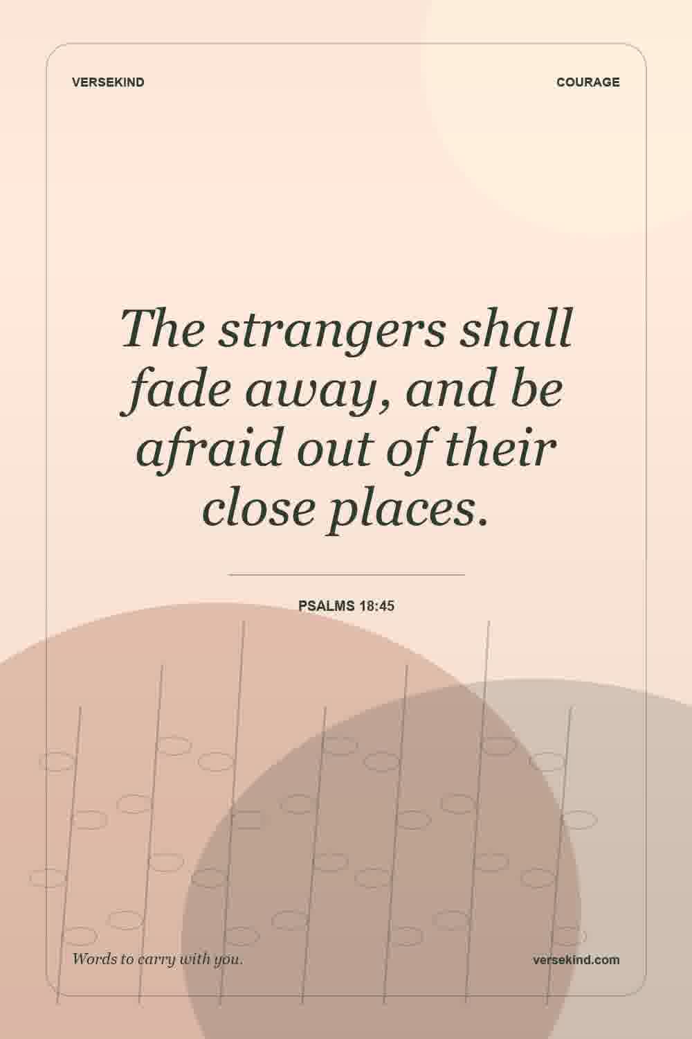 The strangers shall fade away, and be afraid out of their close places. — Psalms 18:45