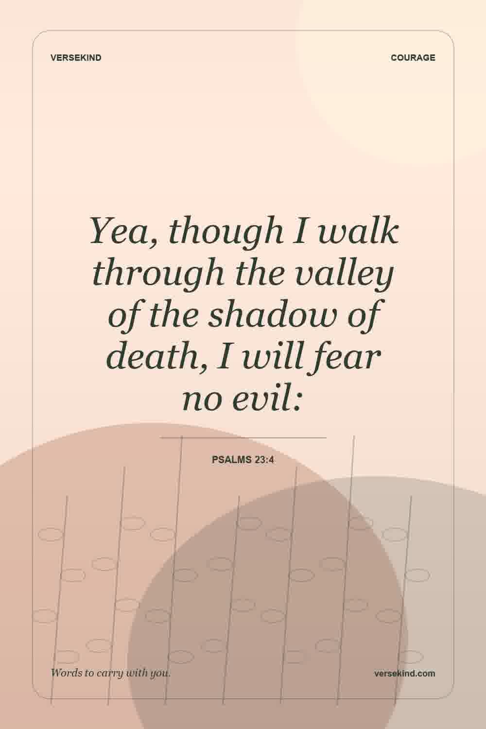 Yea, though I walk through the valley of the shadow of death, I will fear no evil: — Psalms 23:4