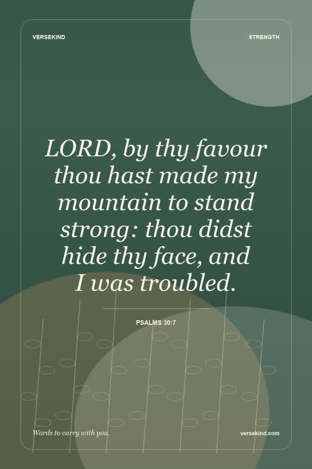 LORD, by thy favour thou hast made my mountain to stand strong: thou didst hide thy face, and I was troubled. — Psalms 30:7