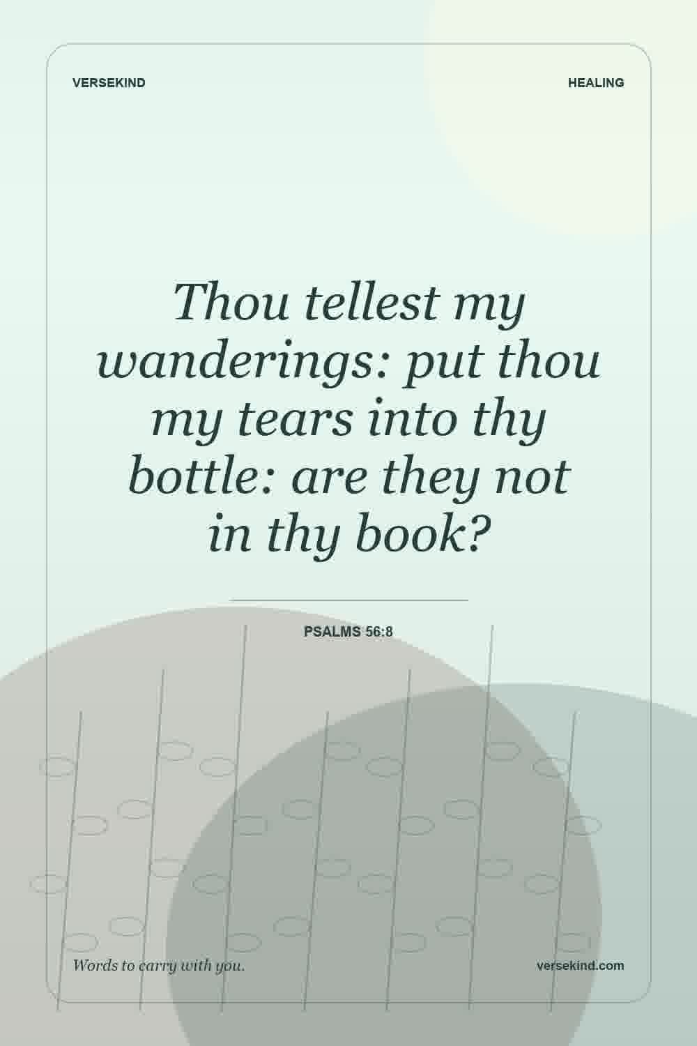 Thou tellest my wanderings: put thou my tears into thy bottle: are they not in thy book? — Psalms 56:8