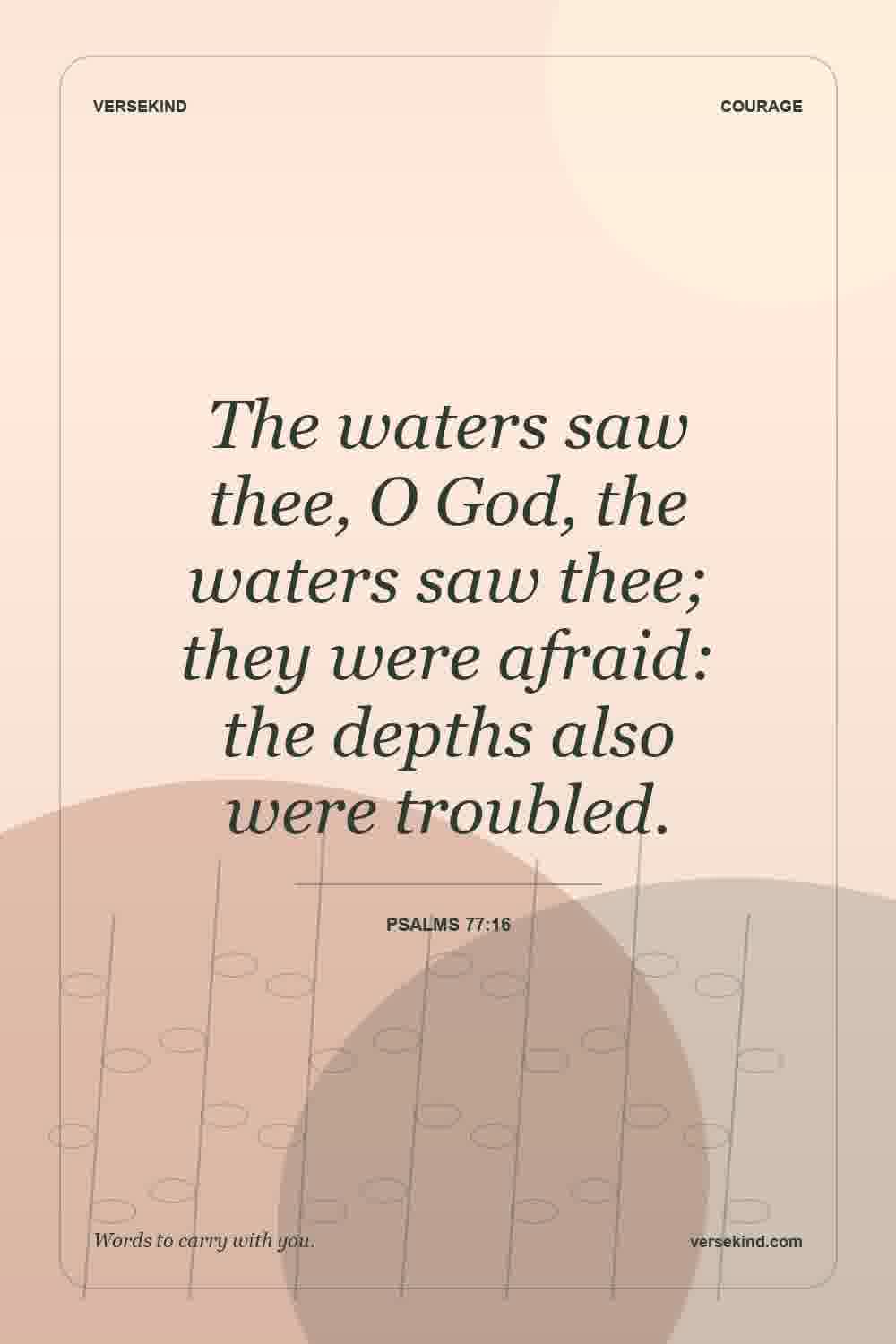 The waters saw thee, O God, the waters saw thee; they were afraid: the depths also were troubled. — Psalms 77:16