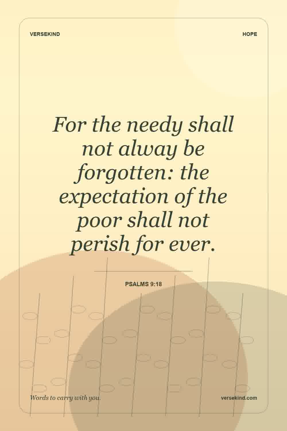 For the needy shall not alway be forgotten: the expectation of the poor shall not perish for ever. — Psalms 9:18