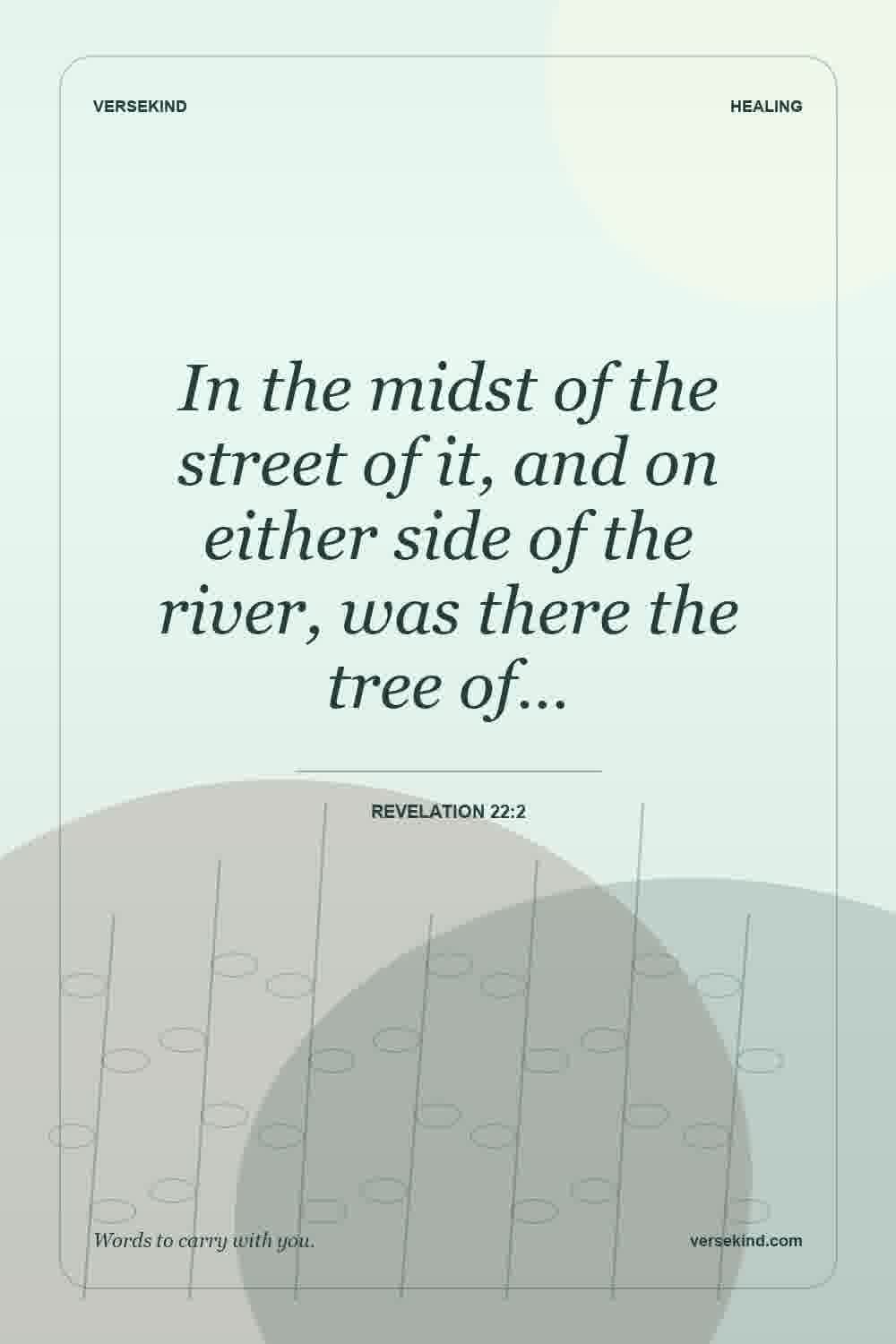 In the midst of the street of it, and on either side of the river, was there the tree of… — Revelation 22:2