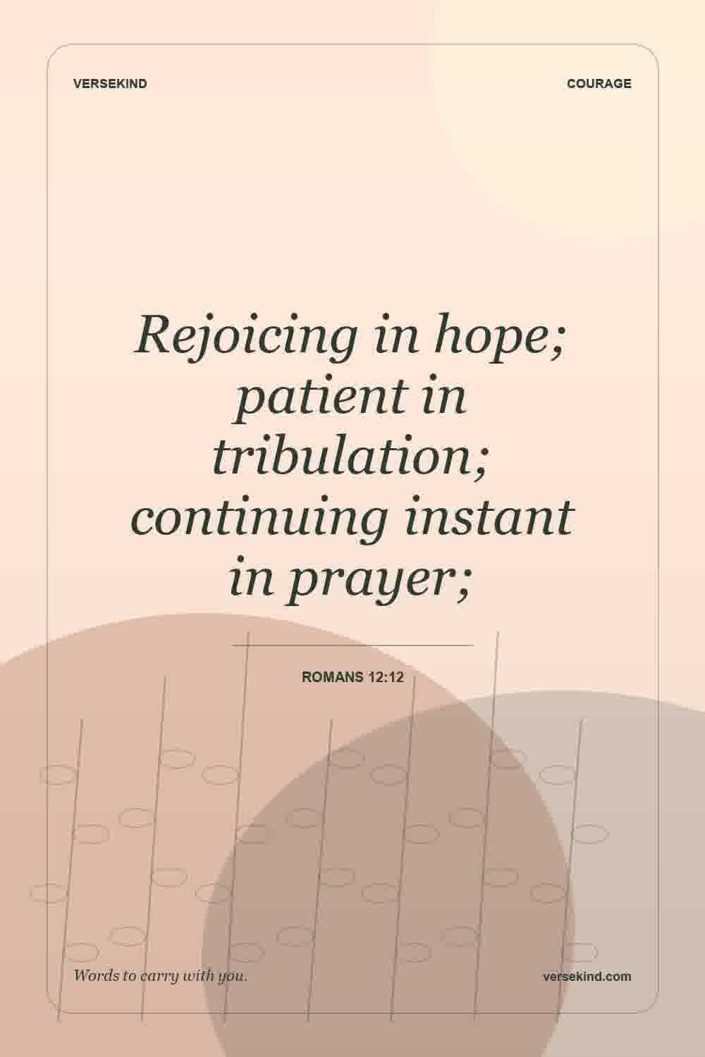 Rejoicing in hope; patient in tribulation; continuing instant in prayer; — Romans 12:12