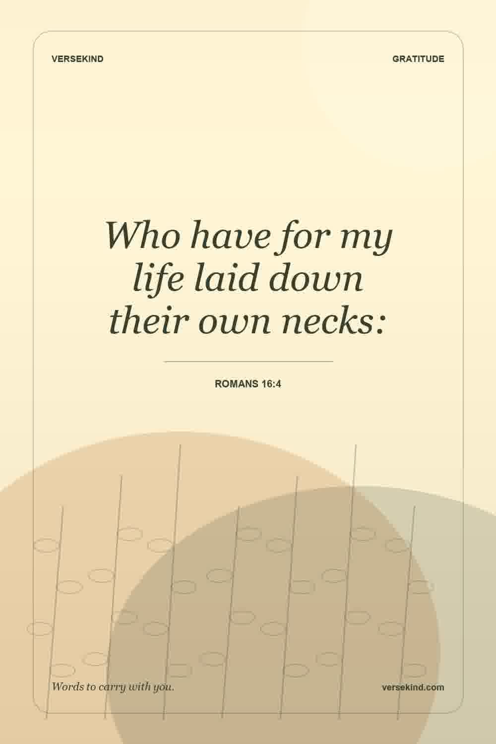 Who have for my life laid down their own necks: — Romans 16:4